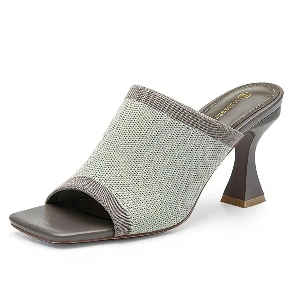 NEWBELLA Mousse Fit Women's Mesh Heeled Sandals Square Open Toe Heeled Mules 8.5
